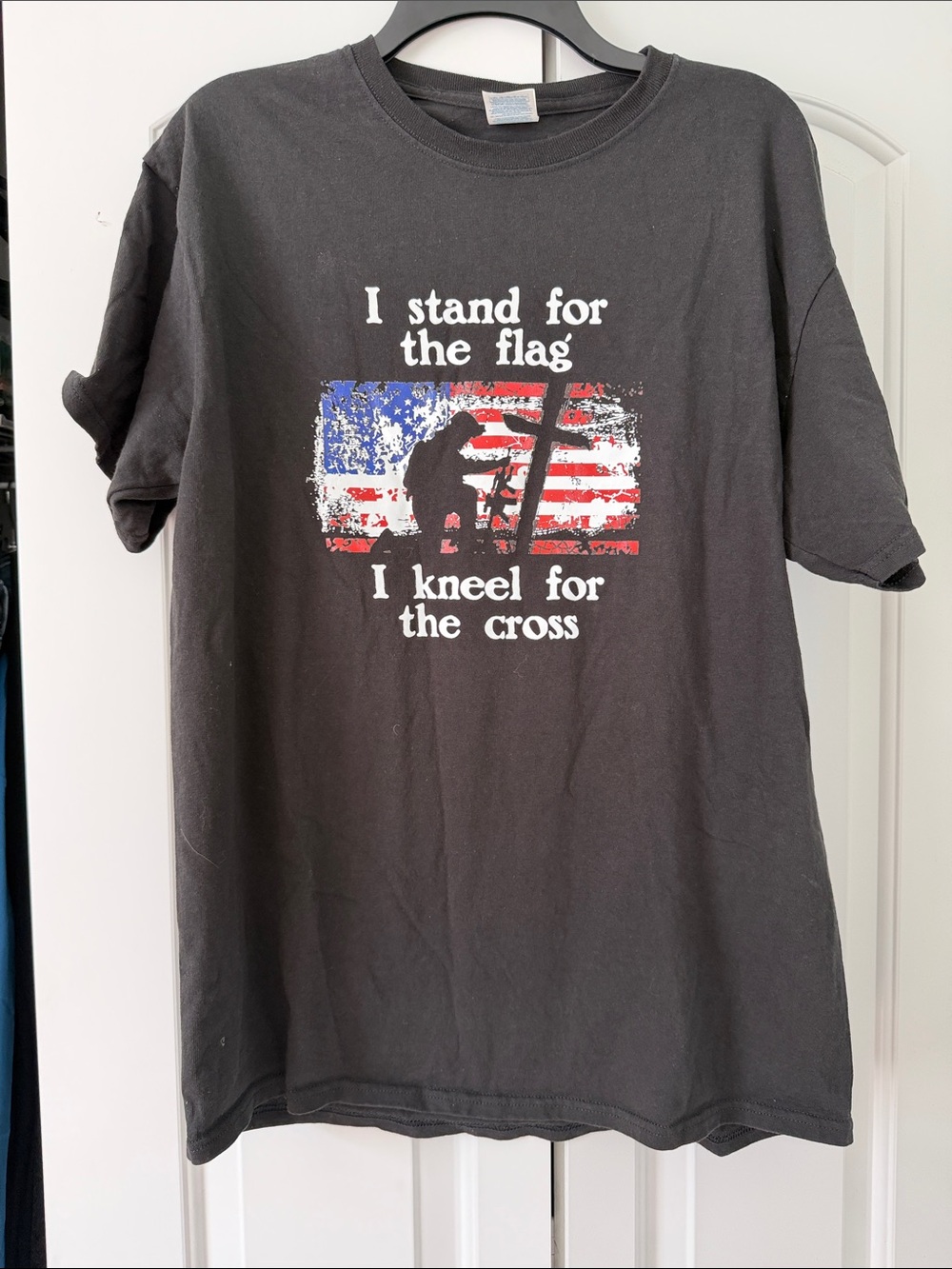 Delta Black Short Sleeve Tee with American Flag and Cross Graphic